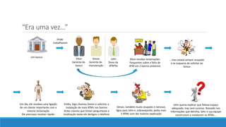 “Era uma vez...”
Elton
Gerente do
banco
Simon
Gerente de
manutenção
John
Dono da
ATMTec
Um banco
Onde
trabalhavam
Elton recebia reclamações
frequentes sobre a falta de
ATM em 2 bairros próximos
...mas estava sempre ocupado
e se esquecia de solicitar ao
Simon
Um dia, ele recebeu uma ligação
de um cliente importante com a
mesma reclamação
Ele precisava resolver rápido
Então, logo chamou Simon e solicitou a
instalação de mais ATMs nos bairros
Antes mesmo que Simon perguntasse a
localização exata ele desligou o telefone
Simon, também muito ocupado e nervoso,
ligou para John e, esbravejando, pediu mais
2 ATMs sem dar maiores explicação
John queria explicar que faltava espaço
adequado, mas sem sucesso. Baseado nas
informações que detinha, John e sua equipe
construíram e instalaram os ATMs...
 