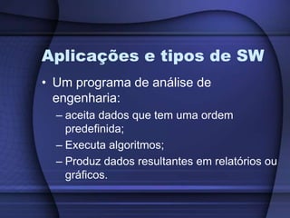 Aplicações e tipos de SWUm programa de análise de engenharia: aceita dados que tem uma ordem predefinida;Executa algoritmos;Produz dados resultantes em relatórios ou gráficos.