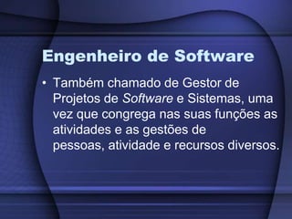 Engenheiro de SoftwareTambém chamado de Gestor de Projetos de Software e Sistemas, uma vez que congrega nas suas funções as atividades e as gestões de pessoas, atividade e recursos diversos.