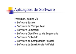Aplicações de Software
Pressman, página 20
Software Básico
Software de Tempo Real
Software Comercial
Software Científico ou de Engenharia
Software Embutido
Software de Computador Pessoal
Software de Inteligência Artificial
 