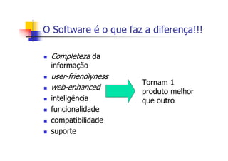 O Software é o que faz a diferença!!!
Completeza da
informação
user-friendlyness
web-enhanced
inteligência
funcionalidade
compatibilidade
suporte
Tornam 1
produto melhor
que outro
 