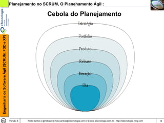 Planejamento no SCRUM, O Planehamento Ágil :

                                                                              Cebola do Planejamento
Engenharia de Software Ágil (SCRUM, FDD e XP)




                                                Versão 6   Rildo Santos | @rildosan | rildo.santos@etecnologia.com.br | www.etecnologia.com.br | http://etecnologia.ning.com   16
 