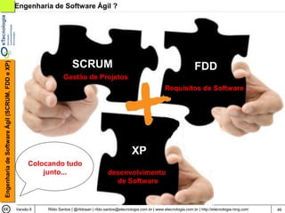 Engenharia de Software Ágil ?




                                                                        SCRUM
Engenharia de Software Ágil (SCRUM, FDD e XP)




                                                                                                                                             FDD
                                                                   Gestão de Projetos
                                                                                                                            Requisitos de Software




                                                                                                          XP
                                                      Colocando tudo
                                                          junto...                          desenvolvimento
                                                                                              de Software


                                                Versão 6   Rildo Santos | @rildosan | rildo.santos@etecnologia.com.br | www.etecnologia.com.br | http://etecnologia.ning.com   46
 
