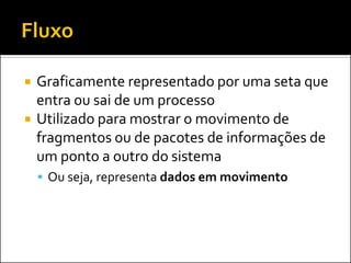   Graficamente representado por uma seta que
    entra ou sai de um processo
   Utilizado para mostrar o movimento de
    fragmentos ou de pacotes de informações de
    um ponto a outro do sistema
     Ou seja, representa dados em movimento
 