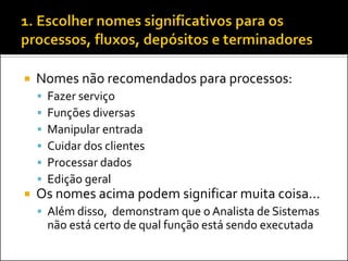    Nomes não recomendados para processos:
       Fazer serviço
       Funções diversas
       Manipular entrada
       Cuidar dos clientes
       Processar dados
       Edição geral
   Os nomes acima podem significar muita coisa...
     Além disso, demonstram que o Analista de Sistemas
        não está certo de qual função está sendo executada
 