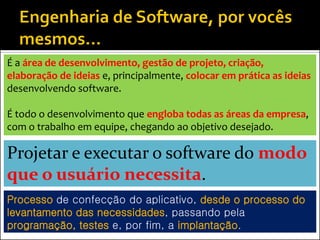 É a área de desenvolvimento, gestão de projeto, criação,
elaboração de ideias e, principalmente, colocar em prática as ideias
desenvolvendo software.

É todo o desenvolvimento que engloba todas as áreas da empresa,
com o trabalho em equipe, chegando ao objetivo desejado.

Projetar e executar o software do modo
que o usuário necessita.
Processo de confecção do aplicativo, desde o processo do
levantamento das necessidades, passando pela
programação, testes e, por fim, a implantação.
 