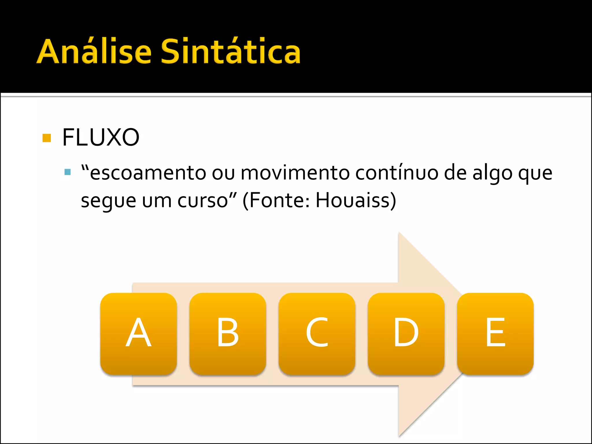    FLUXO
     “escoamento ou movimento contínuo de algo que
     segue um curso” (Fonte: Houaiss)




         A        B        C        D       E
 
