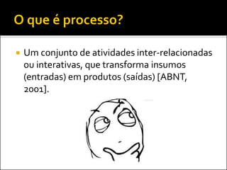    Um conjunto de atividades inter-relacionadas
    ou interativas, que transforma insumos
    (entradas) em produtos (saídas) [ABNT,
    2001].
 