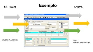 ExemploENTRADAS SAIDAS
VALORES ALEATÓRIOS ERROS
FALAHAS, MENSSAGENS
 