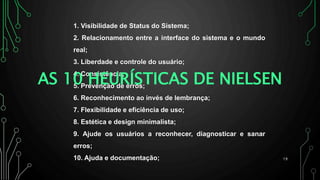 1. Visibilidade de Status do Sistema;
2. Relacionamento entre a interface do sistema e o mundo
real;
3. Liberdade e controle do usuário;
4. Consistência;
5. Prevenção de erros;
6. Reconhecimento ao invés de lembrança;
7. Flexibilidade e eficiência de uso;
8. Estética e design minimalista;
9. Ajude os usuários a reconhecer, diagnosticar e sanar
erros;
10. Ajuda e documentação;
AS 10 HEURÍSTICAS DE NIELSEN
19
 