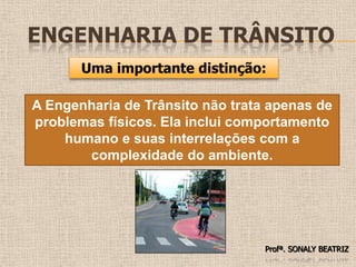Engenharia de TrânsitoUma importante distinção:A Engenharia de Trânsito não trata apenas de problemas físicos. Ela inclui comportamento humano e suas interrelações com a complexidade do ambiente.Profª. SONALY BEATRIZ 