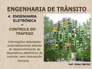 Engenharia de TrânsitoENGENHARIA ELETRÔNICA = CONTROLE DO TRÁFEGO	Informações detectadas automaticamente através do desenvolvimento de dispositivos eletrônicos de controle, sem intervenção humana.Profª. SONALY BEATRIZ 