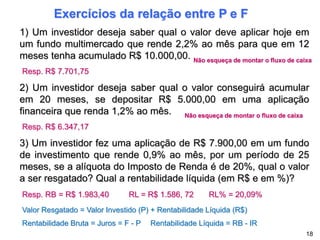 Exercícios da relação entre P e F
1) Um investidor deseja saber qual o valor deve aplicar hoje em
um fundo multimercado que rende 2,2% ao mês para que em 12
meses tenha acumulado R$ 10.000,00.
Resp. R$ 7.701,75
2) Um investidor deseja saber qual o valor conseguirá acumular
em 20 meses, se depositar R$ 5.000,00 em uma aplicação
financeira que renda 1,2% ao mês.
Resp. R$ 6.347,17
18
3) Um investidor fez uma aplicação de R$ 7.900,00 em um fundo
de investimento que rende 0,9% ao mês, por um período de 25
meses, se a alíquota do Imposto de Renda é de 20%, qual o valor
a ser resgatado? Qual a rentabilidade líquida (em R$ e em %)?
Resp. RB = R$ 1.983,40 RL = R$ 1.586, 72 RL% = 20,09%
Não esqueça de montar o fluxo de caixa
Não esqueça de montar o fluxo de caixa
Valor Resgatado = Valor Investido (P) + Rentabilidade Líquida (R$)
Rentabilidade Bruta = Juros = F - P Rentabilidade Líquida = RB - IR
 