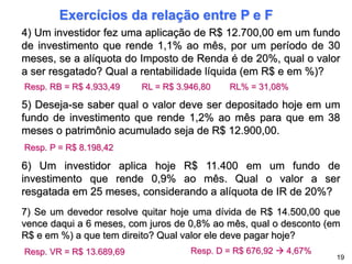 Exercícios da relação entre P e F
5) Deseja-se saber qual o valor deve ser depositado hoje em um
fundo de investimento que rende 1,2% ao mês para que em 38
meses o patrimônio acumulado seja de R$ 12.900,00.
19
4) Um investidor fez uma aplicação de R$ 12.700,00 em um fundo
de investimento que rende 1,1% ao mês, por um período de 30
meses, se a alíquota do Imposto de Renda é de 20%, qual o valor
a ser resgatado? Qual a rentabilidade líquida (em R$ e em %)?
6) Um investidor aplica hoje R$ 11.400 em um fundo de
investimento que rende 0,9% ao mês. Qual o valor a ser
resgatada em 25 meses, considerando a alíquota de IR de 20%?
Resp. RB = R$ 4.933,49 RL = R$ 3.946,80 RL% = 31,08%
Resp. P = R$ 8.198,42
Resp. VR = R$ 13.689,69
7) Se um devedor resolve quitar hoje uma dívida de R$ 14.500,00 que
vence daqui a 6 meses, com juros de 0,8% ao mês, qual o desconto (em
R$ e em %) a que tem direito? Qual valor ele deve pagar hoje?
Resp. D = R$ 676,92  4,67%
 