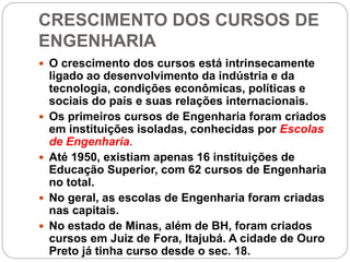 CRESCIMENTO DOS CURSOS DE
ENGENHARIA
 O crescimento dos cursos está intrinsecamente
ligado ao desenvolvimento da indústria e da
tecnologia, condições econômicas, políticas e
sociais do país e suas relações internacionais.
 Os primeiros cursos de Engenharia foram criados
em instituições isoladas, conhecidas por Escolas
de Engenharia.
 Até 1950, existiam apenas 16 instituições de
Educação Superior, com 62 cursos de Engenharia
no total.
 No geral, as escolas de Engenharia foram criadas
nas capitais.
 No estado de Minas, além de BH, foram criados
cursos em Juiz de Fora, Itajubá. A cidade de Ouro
Preto já tinha curso desde o sec. 18.
 
