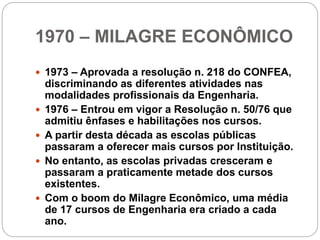 1970 – MILAGRE ECONÔMICO
 1973 – Aprovada a resolução n. 218 do CONFEA,
discriminando as diferentes atividades nas
modalidades profissionais da Engenharia.
 1976 – Entrou em vigor a Resolução n. 50/76 que
admitiu ênfases e habilitações nos cursos.
 A partir desta década as escolas públicas
passaram a oferecer mais cursos por Instituição.
 No entanto, as escolas privadas cresceram e
passaram a praticamente metade dos cursos
existentes.
 Com o boom do Milagre Econômico, uma média
de 17 cursos de Engenharia era criado a cada
ano.
 