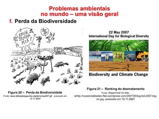 Problemas ambientais
no mundo – uma visão geral
f. Perda da Biodiversidade
Figura 20 – Perda da Biodiversidade
Fonte: www.defesabiogaucha.org/terror/sant07.gif acessado em
12.11.2007
Figura 21 – Ranking do desmatamento
Fonte: disponível no site:
whttp://ocasionalidades.files.wordpress.com/2007/05/log-ibd-2007-big-
en.jpg ,acessado em 12.11.2007
 