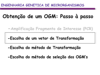 ENGENHARIA GENETICA DE MICRORGANISMOS ENGENHARIA GENETICA DE MICRORGANISMOS Obtenção de um OGM: Passo à passo - Amplificação Fragmento de Interesse (PCR) -Escolha de um vetor de Transformação -Escolha do método de Transformação -Escolha do método de seleção dos OGM’s 
