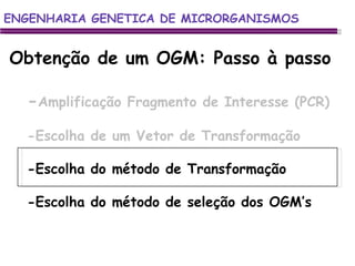 ENGENHARIA GENETICA DE MICRORGANISMOS ENGENHARIA GENETICA DE MICRORGANISMOS Obtenção de um OGM: Passo à passo - Amplificação Fragmento de Interesse (PCR) -Escolha de um Vetor de Transformação -Escolha do método de Transformação -Escolha do método de seleção dos OGM’s 