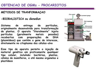 METODOS DE TRANFORMAÇAO -BIOBALISTICA ou  GeneGun OBTENCAO DE OGMs - PROCARIOTOS Sistema de entrega de partículas, originalmente desenvolvido para transformação de plantas. O aparato “literalmente” injeta partículas (geralmente metais pesados) recobertas com preparações de DNA (plasmídeos) que contém o gene de interesse, diretamente no citoplasma das células-alvo Esse tipo de aparato permite a injeção de material genético em praticamente quanlquer tipo celular, incluíndo: bactérias, plantas, células de mamíferos, e até mesmo organelas e plastídeos 