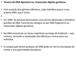 Técnica do DNA figerprint ou: Impressões digitais genéticas  Com exceção dos gêmeos idênticos, cada indivíduo possui o seu próprio DNA, que é único Em 1984  foi possível desenvolver uma técnica destinada a identificar porções de DNA. Esta técnica designa-se por DNA fingerprint ou impressões digitais genéticas.  No DNA encontram-se zonas repetitivas ao longo da molécula – cujo número, tamanho e localização são idênticas e únicas para um indivíduo.  A comparação destes pedaços de DNA pode ser útil na elucidação de crimes e em paternidades duvidosas 