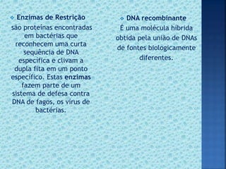 Enzimas de Restrição
são proteínas encontradas
em bactérias que
reconhecem uma curta
sequência de DNA
específica e clivam a
dupla fita em um ponto
específico. Estas enzimas
fazem parte de um
sistema de defesa contra
DNA de fagos, os vírus de
bactérias.
 DNA recombinante
É uma molécula híbrida
obtida pela união de DNAs
de fontes biologicamente
diferentes.
 