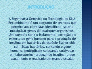 A Engenharia Genética ou Tecnologia do DNA
Recombinante é um conjunto de técnicas que
permite aos cientistas identificar, isolar e
multiplicar genes de quaisquer organismos.
Um exemplo seria o isolamento, extração e o
enxerto de gene humano para a produção de
insulina em bactérias da espécie Escherichia
coli. Essas bactérias, contendo o gene
humano, multiplicam-se quando cultivadas
em laboratórios, produzindo insulina, o que
atualmente é realizado em grande escala.
 