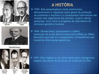 Oswald Avery
 1930- Dois pesquisadores norte-americanos,
demonstraram a regulação pelos genes da produção
de proteínas e enzimas e a consequente intervenção nas
reações dos organismos dos animais. A partir destas
pesquisas, teve início o progresso de descoberta da
estrutura genética humana.
 1944- Oswald Avery pesquisando a cadeia
molecular do ácido desoxirribonucleico(DNA),ou (RNA),
descobriu que este é o componente cromossômico que
transmite informações genéticas.
 1953- Dois ingleses e um norte-americano conseguiram
mapear boa parte da estrutura da molécula do DNA.
 