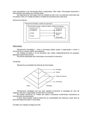 eram redundantes e de manutenção difícil e dispendiosa. Além disso, informações essenciais a
administração não podiam ser extraídas deles.
       Na engenharia da informação criam-se modelos de alto nível e os sistemas construídos são
vinculados a eles (um modelo de dados e modelos de processos para cada área).

Estrutura do sistema:

                 Planejamento Estratégico; modelos da organização

                        Administração da dados, modelos de dados, modelos de processos

                            Planejamento                                Geração de
                            de sistemas                                 programas

                            Análise                                     Bancos de
                                                                        Dados
                            Projeto
                                                                        Manutenção




Observações:

      Planejamento Estratégico – como a tecnologia poderá ajudar a organização a vencer a
concorrência ou a atingir melhor seus objetivos.
      Os modelos de dados e os de processos são criados independentemente de quaisquer
aplicações específicas da área.
      As diversas aplicações são construídas e se encaixam na estrutura.


A pirâmide:

      Representa as atividades de sistemas de informações.

                                                                        Estratégia

                                                                        Análise


                                                                        Projeto de sistemas



                                                                        Construção


                    Dados                               Atividades



      Planejamento estratégico tem que estar apoiado firmemente na estratégia do ramo de
negócios, para que a organização concorra bem no mercado.
      Na análise constrói-se um modelo dos dados e processos fundamentais necessários ao
funcionamento da organização.
      A partir dessa análise, pode-se determinar as necessidades dos sistemas e partir para as
próximas etapas de projeto e construção.


Os dados com relação às etapas dos SIs:
 