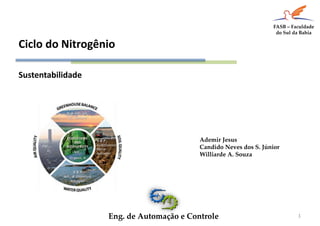 Sustentabilidade 
1 
Ademir Jesus 
Candido Neves dos S. Júnior 
Williarde A. Souza 
Eng. de Automação e Controle 
FASB – Faculdade 
do Sul da Bahia 
Ciclo do Nitrogênio 
 