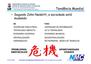 UNIVERSIDADE FEDERAL DE SERGIPE
CENTRO DE CIÊNCIAS EXATAS E TECNOLOGIA
NÚCLEO DE ENGENHARIA MECÂNICA
1º ENCONTRO DE ENGENHARIA MECÂNICA Tendência MundialTendência Mundial
• Segundo JohnJohn NaisbittNaisbitt,, a sociedade está
d dmudando:
DE PARA
SOCIEDADE INDUSTRIAL SOCIEDADE DE INFORMAÇÃO
TECNOLOGIA IMPOSTA ALTA TECNOLOGIA
ECONOMIA NACIONAL ECONOMIA MUNDIAL
CENTRALIZAÇÃO DESCENTRALIZAÇÃO
HIERARQUIAS NETWORKING – REDES DE TRABALHO
PROBLEMASPROBLEMAS,,
OBSTACULOSOBSTACULOS
OPORTUNIDADEOPORTUNIDADE
CHANCECHANCE
+
1203/10/2009 I Encontro de Engenharia Mecânica UFS - Prof. Douglas Bressan Riffel
 