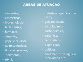 • alimentos,
• cosméticos,
• biotecnologia,
• fertilizantes,
• fármacos,
• cimento,
• papel e celulose,
• química nuclear,
• tintas e vernizes,
• polímeros,
• têxtil,
ÁREAS DE ATUAÇÃO
• indústria química de
base,
• galvanoplastia,
• alcoolquímica,
• carboquímica,
• cerâmica,
• tensoativos,
• explosivos,
• aditivos,
• tratamento de água e
meio ambiente
 