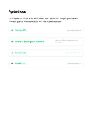 Apêndices
Esses apêndices servem tanto de referência como de material de apoio para estudar
assuntos que não foram abordados com profundeza neste livro.
Tabela ASCII /apendices/tabela-ascii
Exemplos de código em Assembly
/apendices/exemplos-de-codigo-em-
assembly
Ferramentas /apendices/ferramentas
Referências /apendices/referencias
 