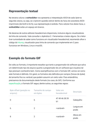 Representação textual
Na terceira coluna o wxHexEditor nos apresenta a interpretação ASCII de cada byte na
segunda coluna, ou seja, se o byte em questão estiver dentro da faixa de caracteres ASCII
imprimíveis (de 0x20 à 0x7e), sua representação é exibida. Para valores fora desta faixa, o
wxHexEditor exibe um espaço em branco.
Há dezenas de outros editores hexadecimais disponíveis, inclusive alguns visualizadores
de linha de comando. Vale consultar o Apêndice C - Ferramentas e testar alguns. Se o leitor
tiver curiosidade de saber como funciona um visualizador hexadecimal, recomendo olhar o
código do hdump, visualizador para linha de comando que implementei em C para
funcionar em Windows, Linux e macOS.
Exemplo do formato GIF
De volta ao formato, é importante ressaltar que tanto o programador do software que salva
um determinado tipo de arquivo quanto o programador de um software que visualiza tal
tipo precisam conhecê-lo bem. Como exempliﬁcamos com o formato GIF, vamos ver como
este formato é deﬁnido. Em geral, os formatos são deﬁnidos por campos (faixas de bytes)
de tamanho ﬁxo ou variável, que podem assumir um certo valor. Para entendê-los,
precisamos da documentação deste formato (no caso, do GIF). Conforme sua
especiﬁcação, o formato GIF segue, dentre outras, as seguintes regras:
Byte offset (posição no
arquivo)
Tamanho do campo
em bytes
Valor em
hexadecimal
Descrição
0 6
47 49 46 38 39
61
Cabeçalho
6 2 <variável>
Largura em
pixels
8 2 <variável>
Altura em
pixels
 