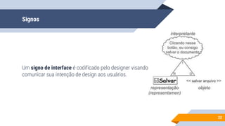 Signos
Um signo de interface é codificado pelo designer visando
comunicar sua intenção de design aos usuários.
22
 