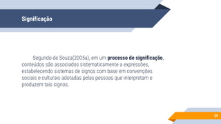 Significação
Segundo de Souza(2005a), em um processo de significação,
conteúdos são associados sistematicamente a expressões,
estabelecendo sistemas de signos com base em convenções
sociais e culturais adotadas pelas pessoas que interpretam e
produzem tais signos.
25
 