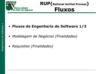 RUP( Rational Unified Process )  Fluxos Fluxos de Engenharia de Software 1/3 Modelagem de Negócios (Finalidades) Requisitos (Finalidades) 