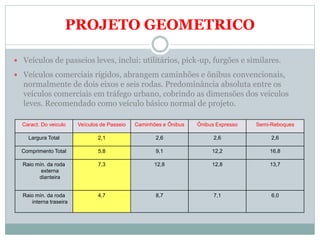 PROJETO GEOMETRICO
 Veículos de passeios leves, inclui: utilitários, pick-up, furgões e similares.
 Veículos comerciais rígidos, abrangem caminhões e ônibus convencionais,
normalmente de dois eixos e seis rodas. Predominância absoluta entre os
veículos comerciais em tráfego urbano, cobrindo as dimensões dos veículos
leves. Recomendado como veículo básico normal de projeto.
Caract. Do veiculo Veículos de Passeio Caminhões e Ônibus Ônibus Expresso Semi-Reboques
Largura Total 2,1 2,6 2,6 2,6
Comprimento Total 5,8 9,1 12,2 16,8
Raio mín. da roda
externa
dianteira
7,3 12,8 12,8 13,7
Raio mín. da roda
interna traseira
4,7 8,7 7,1 6,0
 
