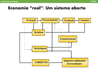 Engenharia Ambiental UNISC
Economia “real”: Um sistema aberto
Extração Processamento Produção Consumo
Resíduos
Transformação
Reciclagem
AMBIENTE
Impactos ambientais
Externalidades
 
