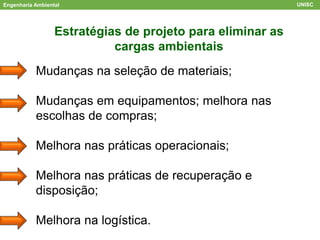 Engenharia Ambiental UNISC
Estratégias de projeto para eliminar as
cargas ambientais
Mudanças na seleção de materiais;
Mudanças em equipamentos; melhora nas
escolhas de compras;
Melhora nas práticas operacionais;
Melhora nas práticas de recuperação e
disposição;
Melhora na logística.
 