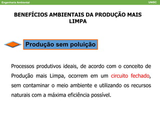 Engenharia Ambiental UNISC
BENEFÍCIOS AMBIENTAIS DA PRODUÇÃO MAIS
LIMPA
Produção sem poluição
Processos produtivos ideais, de acordo com o conceito de
Produção mais Limpa, ocorrem em um circuito fechado,
sem contaminar o meio ambiente e utilizando os recursos
naturais com a máxima eficiência possível.
 