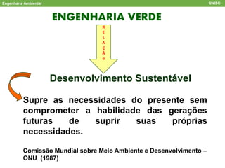 ENGENHARIA VERDE
Engenharia Ambiental UNISC
Desenvolvimento Sustentável
Supre as necessidades do presente sem
comprometer a habilidade das gerações
futuras de suprir suas próprias
necessidades.
Comissão Mundial sobre Meio Ambiente e Desenvolvimento –
ONU (1987)
R
E
L
A
Ç
Ã
o
 