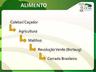 ALIMENTO
Coletor/ Caçador
Agricultura
Malthus
RevoluçãoVerde (Borlaug)
Cerrado Brasileiro
 