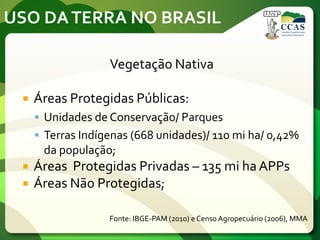 USO DATERRA NO BRASIL
Vegetação Nativa
 Áreas Protegidas Públicas:
 Unidades de Conservação/ Parques
 Terras Indígenas (668 unidades)/ 110 mi ha/ 0,42%
da população;
 Áreas Protegidas Privadas – 135 mi ha APPs
 Áreas Não Protegidas;
Fonte: IBGE-PAM (2010) e Censo Agropecuário (2006), MMA
 