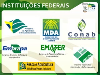 INSTITUIÇÕES FEDERAIS
Empresa Brasileira de Pesquisa
Agropecuária
Instituto Nacional de
Colonização e Reforma Agrária
Empresa de AssistênciaTécnica e
Extensão Rural
 