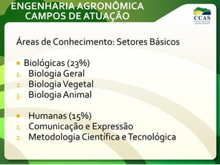 ENGENHARIA AGRONÔMICA
CAMPOS DE ATUAÇÃO
Áreas de Conhecimento: Setores Básicos
 Biológicas (23%)
1. Biologia Geral
2. BiologiaVegetal
3. BiologiaAnimal
 Humanas (15%)
1. Comunicação e Expressão
2. Metodologia Científica eTecnológica
 
