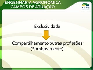ENGENHARIA AGRONÔMICA
CAMPOS DE ATUAÇÃO
Exclusividade
Compartilhamento outras profissões
(Sombreamento)
 