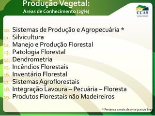 ProduçãoVegetal:
Áreas de Conhecimento (25%)
10. Sistemas de Produção e Agropecuária *
11. Silvicultura
12. Manejo e Produção Florestal
13. Patologia Florestal
14. Dendrometria
15. Incêndios Florestais
16. Inventário Florestal
17. SistemasAgroflorestais
18. Integração Lavoura – Pecuária – Floresta
19. Produtos Florestais não Madeireiros
* Pertence a mais de uma grande área.
 