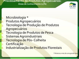 Processamento de Produtos Agropecuários:
Áreas de Conhecimento (17%)
1. Microbiologia *
2. Produtos Agropecuários
3. Tecnologia de Produção de Produtos
Agropecuários
4. Tecnologia de Produtos de Pesca
5. SistemasAgroindustriais
6. Tecnologia de Pós- Colheita
7. Certificação
8. Industrialização de Produtos Florestais
* Pertence a mais de uma grande área.
 
