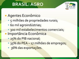 BRASIL: AGRO
 Agentes Econômico
 5 milhões de propriedades rurais;
 60 mil agroindústrias;
 300 mil estabelecimentos comerciais;
 Importância Econômica
 25% do PIB nacional;
 35% do PEA – 17 milhões de empregos;
 36% das exportações.
 
